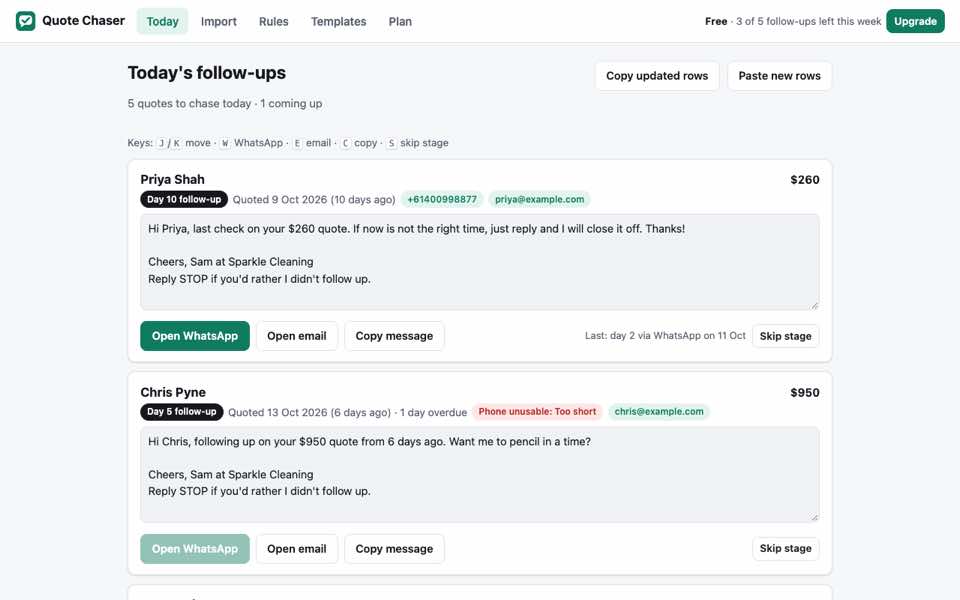 Quote Chaser showing today's follow-ups with a filled-in message and buttons to open WhatsApp or email